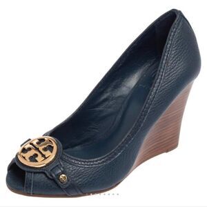 Tory Burch leticia wedge pumps/peep toe shoes/sandals/heels- blue gold wood sz 6